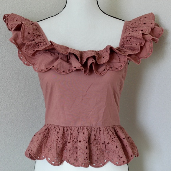 Dusty Pink Layered Eyelet Ruffle Off the Shoulder Peplum Top - Picture 1 of 9